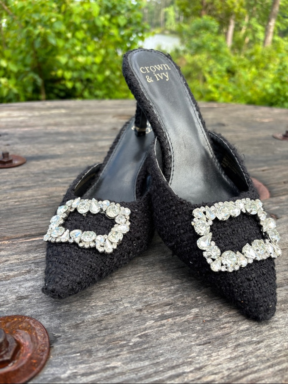 Crown & Ivy Women’s Sz6.5M Black Pointed Toe Mule with Crystal Buckle#317